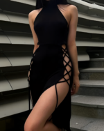 Black Nu-Goth Aesthetic Dress with lace detailing and a high slit.