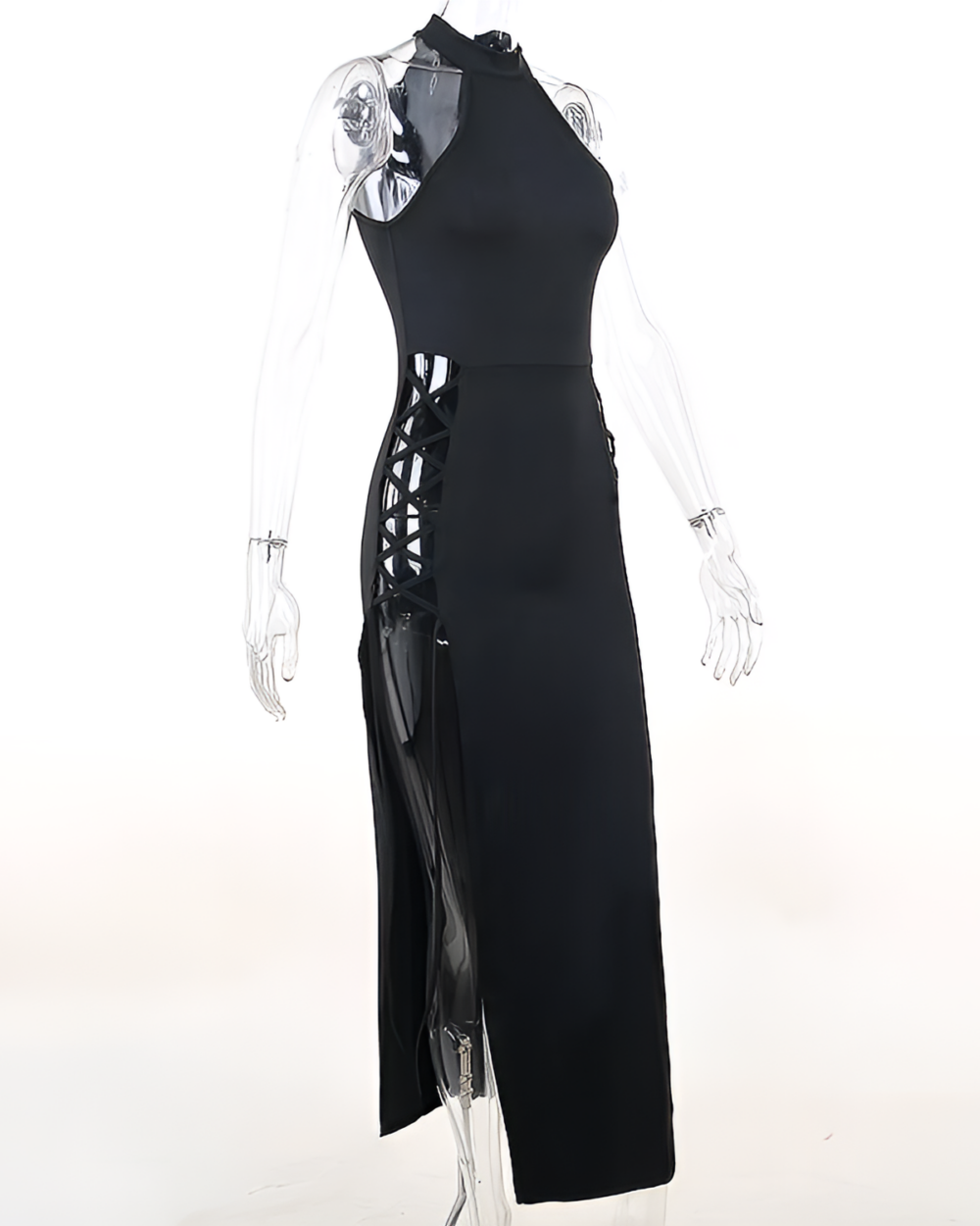 Black Nu-Goth Aesthetic Dress featuring a high neck and side slit.