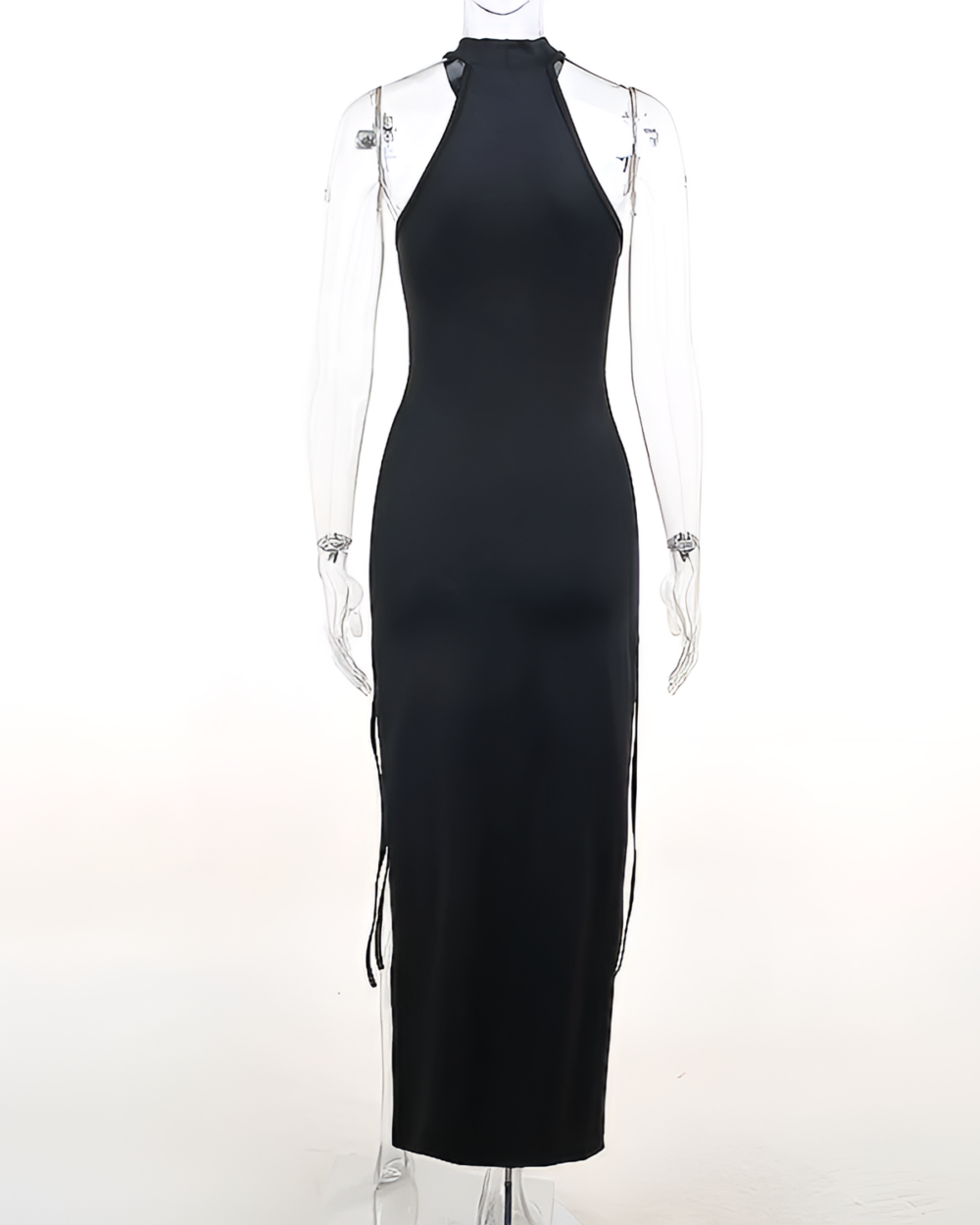Black Nu-Goth Aesthetic Dress, long style with side slits and a halter neck.