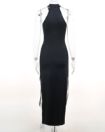 Black Nu-Goth Aesthetic Dress, long style with side slits and a halter neck.