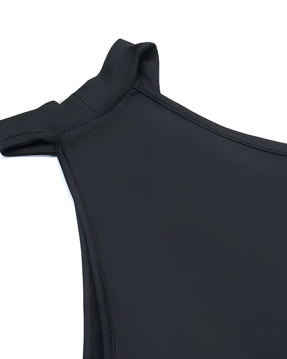 Close-up of a black Nu-Goth Aesthetic Dress with high neck and seam details.