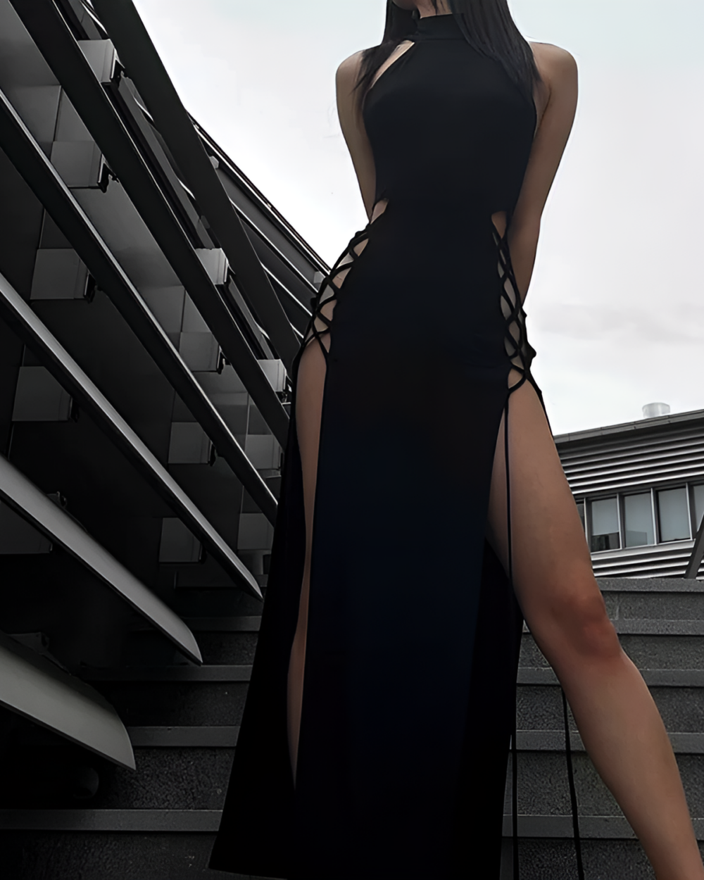 Black Nu-Goth Aesthetic Dress with high slit and lace detailing.