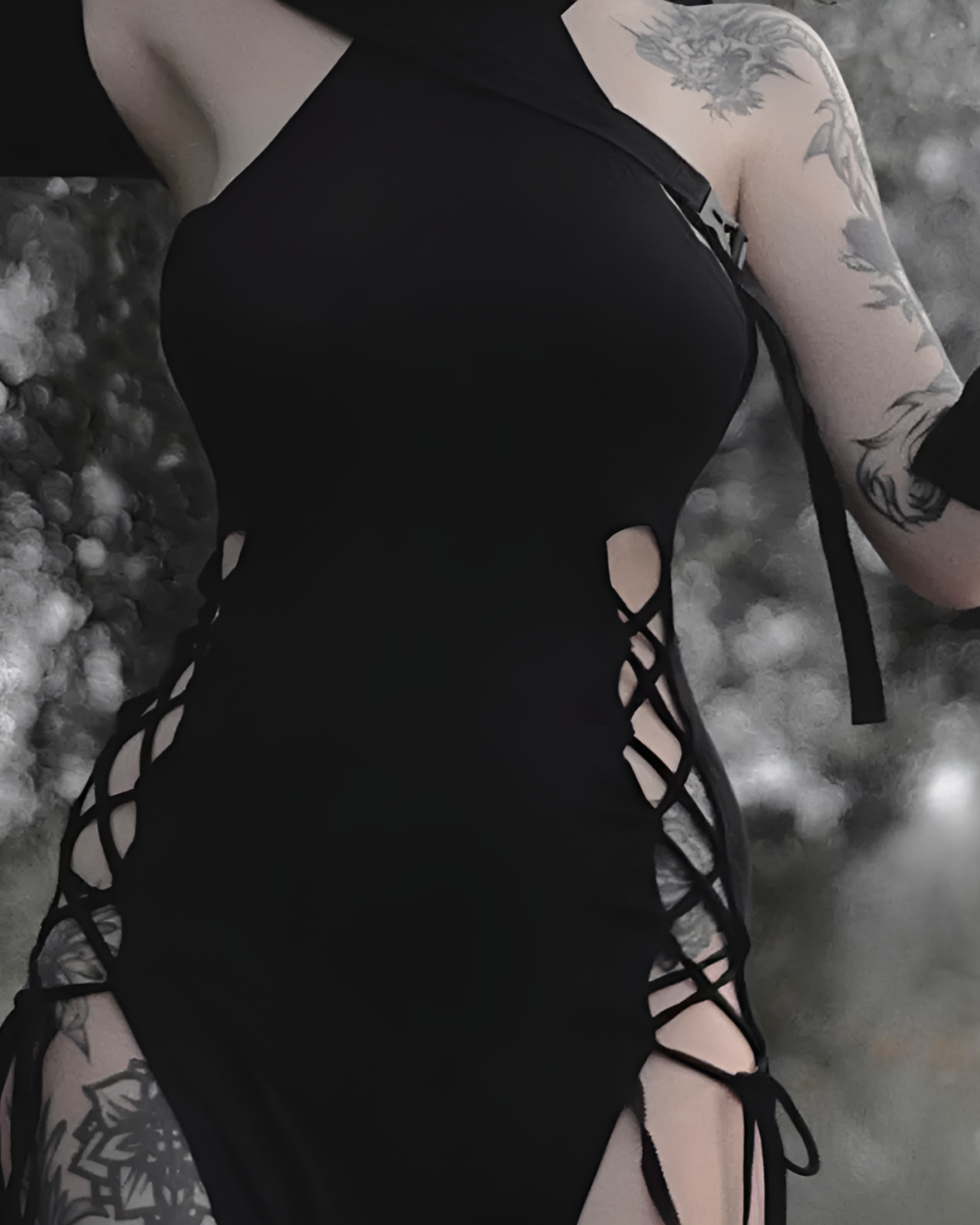 Dark Long Dress - Nu-Goth Aesthetic featuring lace-up detailing and cutouts.