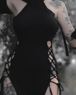 Dark Long Dress - Nu-Goth Aesthetic featuring lace-up detailing and cutouts.