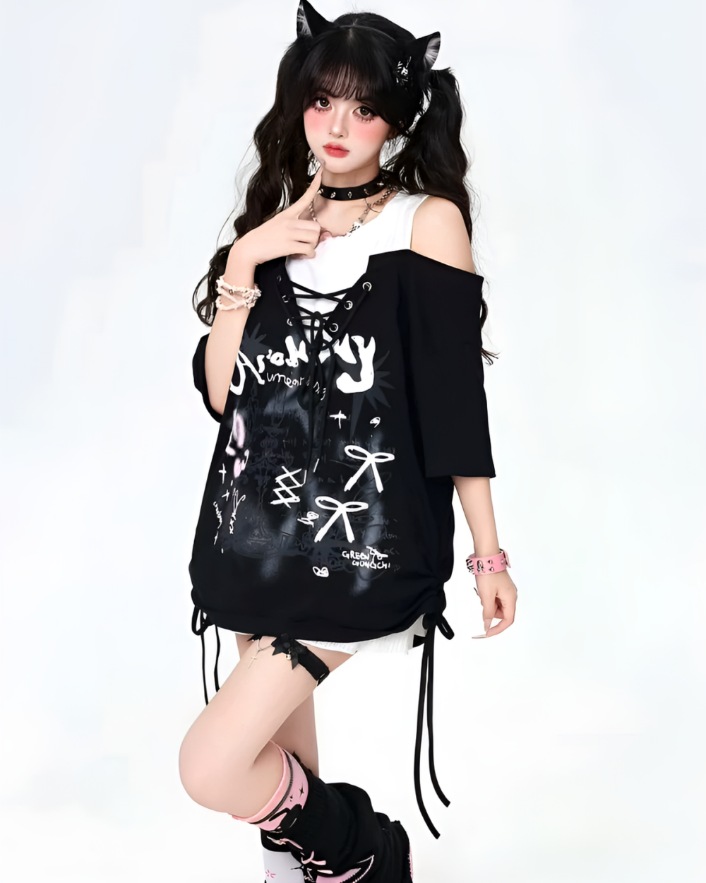 Black Grunge Aesthetic Top with distressed graphic print and tie-up sleeves.