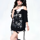 Black Grunge Aesthetic Top with distressed graphic print and tie-up sleeves.