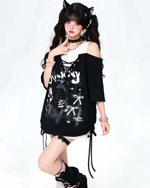 Black Grunge Aesthetic Top with distressed graphic print and tie-up sleeves.