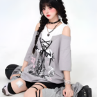 Gray Grunge Aesthetic Top with graphic print, layered with a white shirt and worn casually.