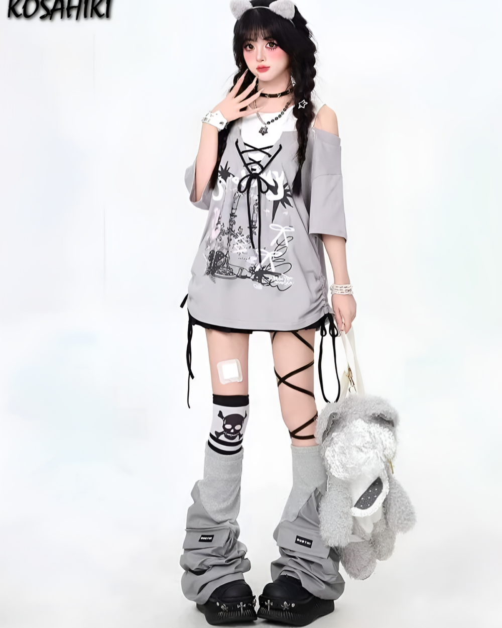 Model wearing a Grunge Aesthetic Top with layered shirts and layered leggings.