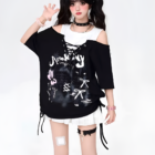 Black Grunge Aesthetic Top with ripped details and graphics. Features a distressed, oversized design.