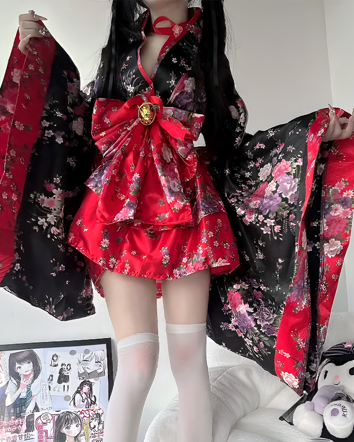 Floral Short Yukata featuring a red and black floral pattern with a layered design and accessories.