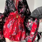 Floral Short Yukata featuring a detailed floral print, black and pink accents, and obi belt.