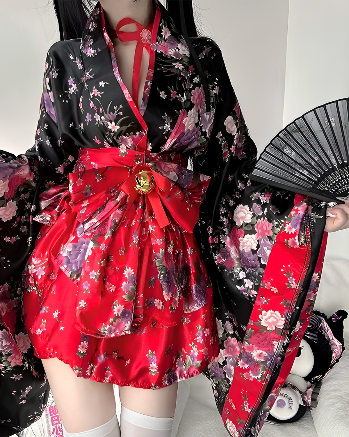 Floral Short Yukata featuring a detailed floral print, black and pink accents, and obi belt.