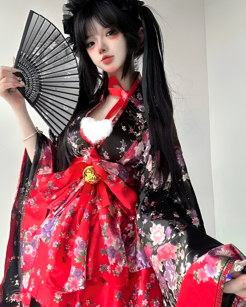 Floral Short Yukata featuring a vibrant floral print with red and purple accents, worn by a model.