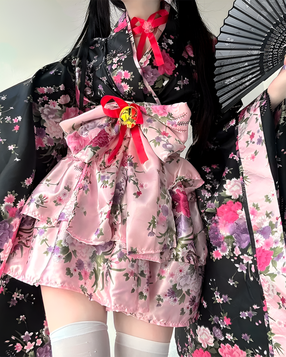 Floral Short Yukata featuring a detailed floral pattern and ruffled skirt, Japanese aesthetic.