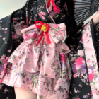 Floral Short Yukata featuring a detailed floral pattern and ruffled skirt, Japanese aesthetic.