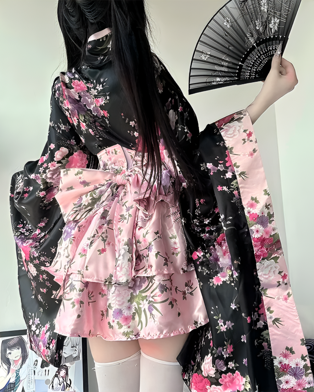 Floral Short Yukata featuring a pink and black floral pattern with a layered design and obi belt.