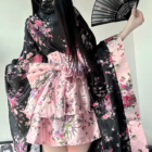 Floral Short Yukata featuring a pink and black floral pattern with a layered design and obi belt.