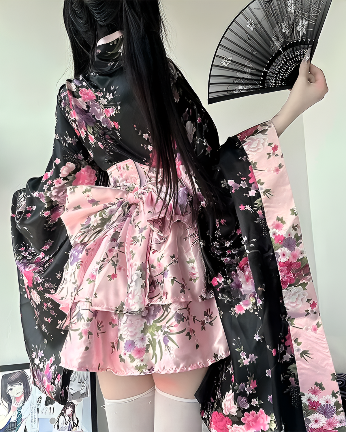 Floral Short Yukata featuring a pink and black floral pattern with a layered design and obi belt.