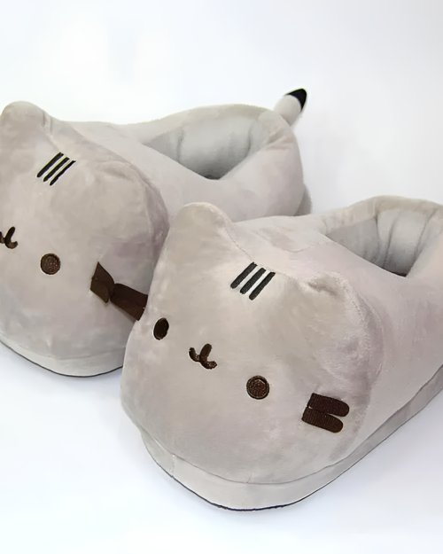 Gray Fluffly Pusheen slippers featuring a cute cat face design and soft interior.