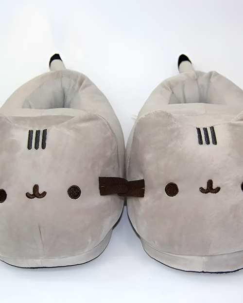 Fluffly Pusheen Slippers, gray plush slippers featuring Pusheen's face.