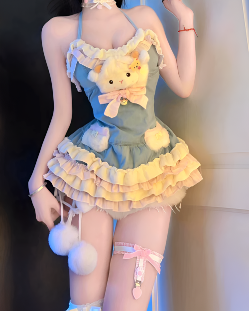 Fluffy Bunny Mini Dress - Yume Kawaii Aesthetic, featuring ruffles and a plush bunny accent.