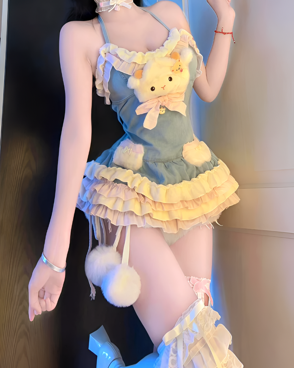 Fluffy Bunny Mini Dress - Yume Kawaii Dress, a pastel blue and yellow layered dress with ruffles and a plush bunny accessory.