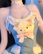 Fluffy Bunny Mini Dress - Yume Kawaii Aesthetic featuring a plush toy with a bow.