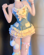 Fluffy Bunny Mini Dress - Yume Kawaii Dress featuring a pastel blue bodice, layered ruffles, and matching thigh-high socks with pom-poms.