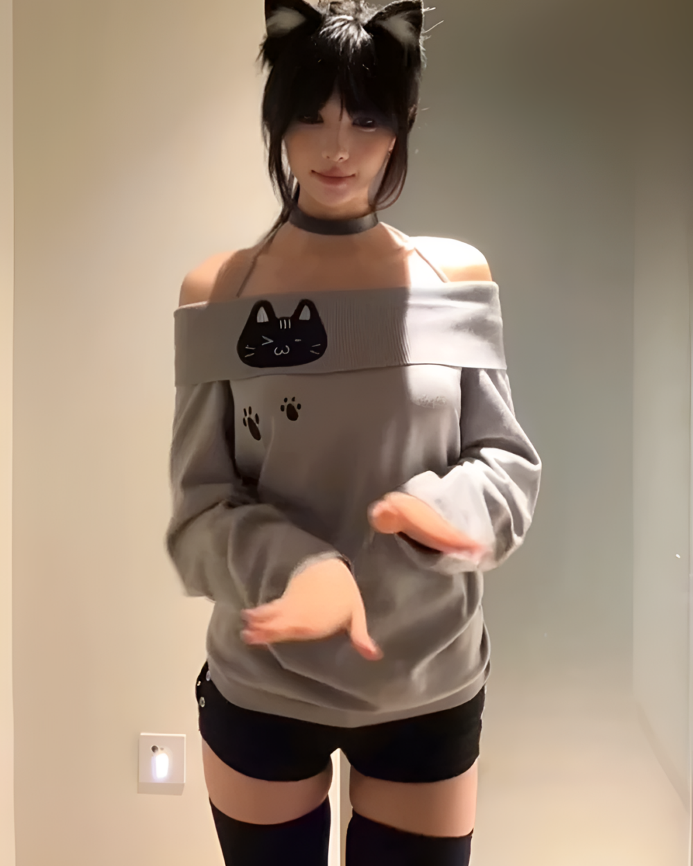 Model wearing a Grak Cat Off-Shoulder T-Shirt featuring cat paw prints and ears.