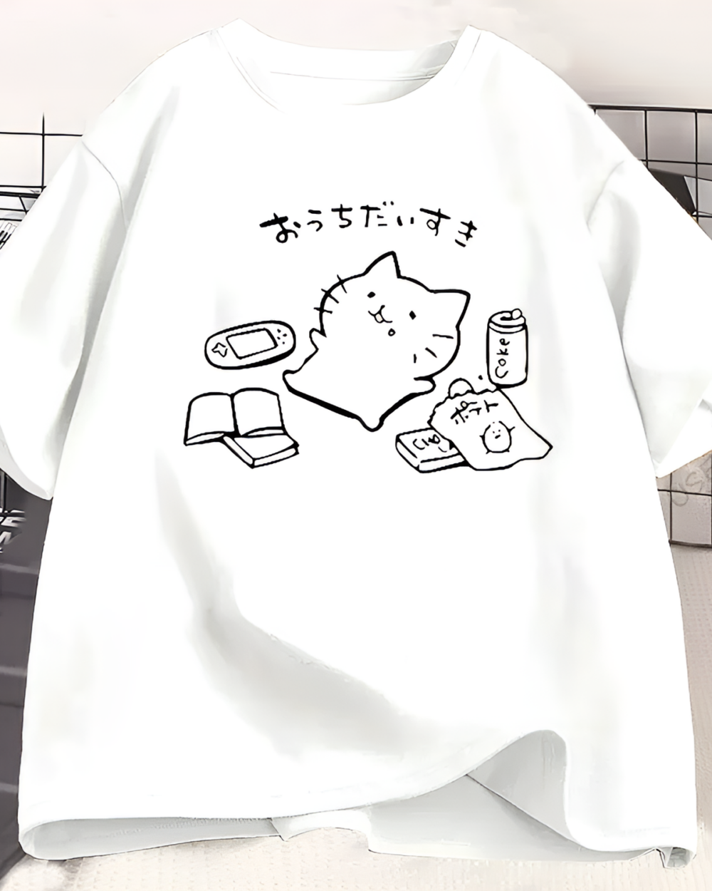 I Love My Home Neko T-Shirt featuring a cute cat illustration with food and drinks.