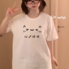 White Kaomoji Cat T-Shirt featuring a cute cat face design.