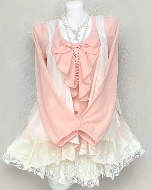Long Sleeves Pink Set - Dollette Aesthetic featuring a layered blouse and lace skirt on a mannequin.