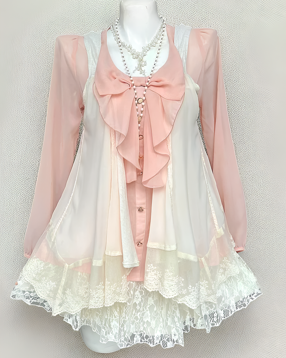 Pink Dollette Aesthetic Set: Long sleeve blouse with lace and sheer overlay.