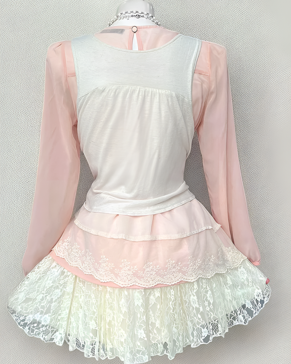 Long Sleeves Pink Set - Dollette Aesthetic featuring a white top and lace skirt.