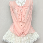 Long Sleeves Pink Set - Dollette Aesthetic featuring a pink blouse and lace skirt on a mannequin.
