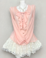Long Sleeves Pink Set - Dollette Aesthetic featuring a pink blouse and lace skirt on a mannequin.