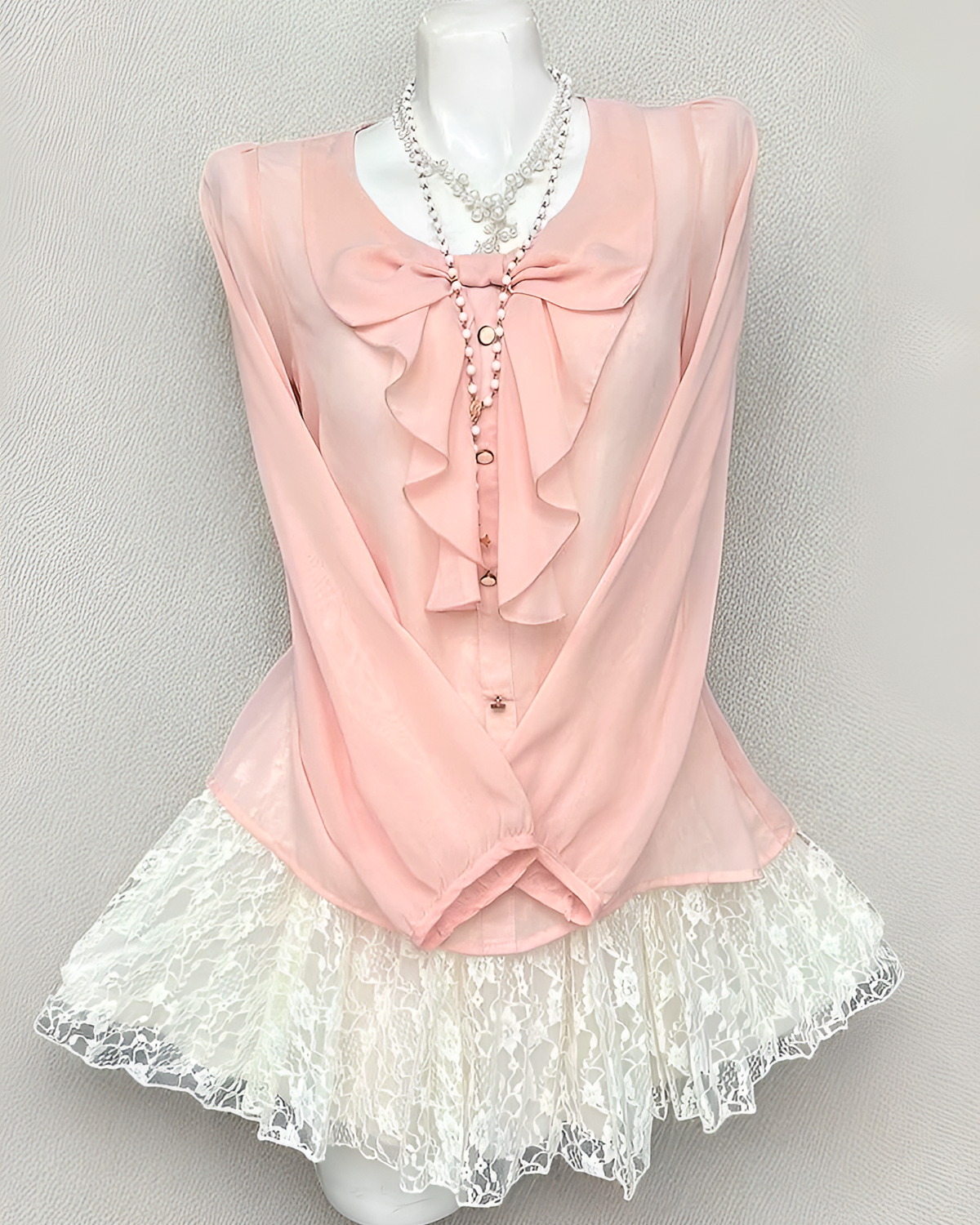 Long Sleeves Pink Set - Dollette Aesthetic featuring a pink blouse and lace skirt on a mannequin.