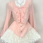 Pink long sleeves Dollette Aesthetic Set featuring a ruffled blouse and lace skirt.
