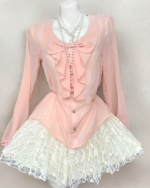 Pink long sleeves Dollette Aesthetic Set featuring a ruffled blouse and lace skirt.