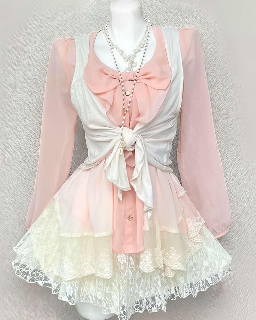 Dollette Aesthetic Set: Pink long sleeve blouse and lace skirt layered with a sheer white top.