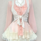Pink Dollette Aesthetic Set: Long sleeve blouse and lace skirt layered with a sheer top and tie-front cardigan.
