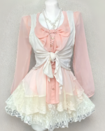Pink Dollette Aesthetic Set: Long sleeve blouse and lace skirt layered with a sheer top and tie-front cardigan.