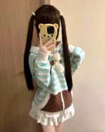 Mint Furry Hoodie, light blue and white striped, with faux fur trim and a layered skirt.