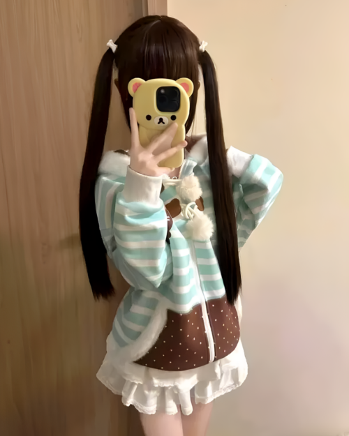 Mint Furry Hoodie, light blue and white striped, with faux fur trim and a layered skirt.