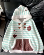 Mint Furry Hoodie featuring a pastel blue striped design with cat and heart graphics, and a fluffy hood.