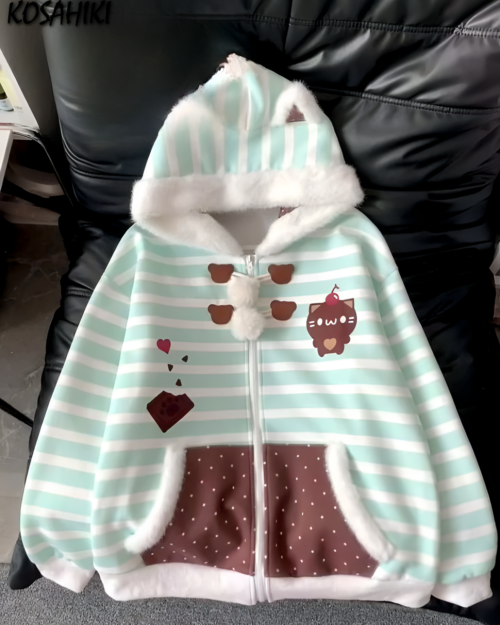 Mint Furry Hoodie featuring a pastel blue striped design with cat and heart graphics, and a fluffy hood.