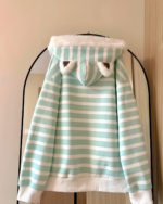 Mint Furry Hoodie, light green striped with white faux fur ears on the hood.