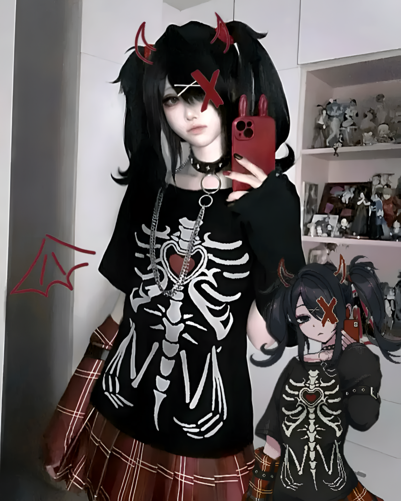 Model wearing a Needy Girl Overdose T-Shirt featuring a skeleton graphic and layered with accessories.