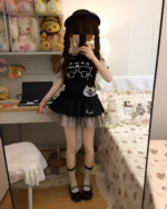 Neko Pair Kawaii Top - Cutecore Aesthetic Top. Black graphic tee with a skirt, showcasing a cute cat design.